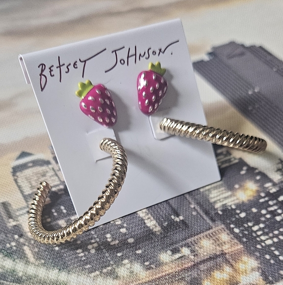 Betsey Johnson Pink Strawberry Earrings and Gold Bracelet Set - Picture 4 of 9